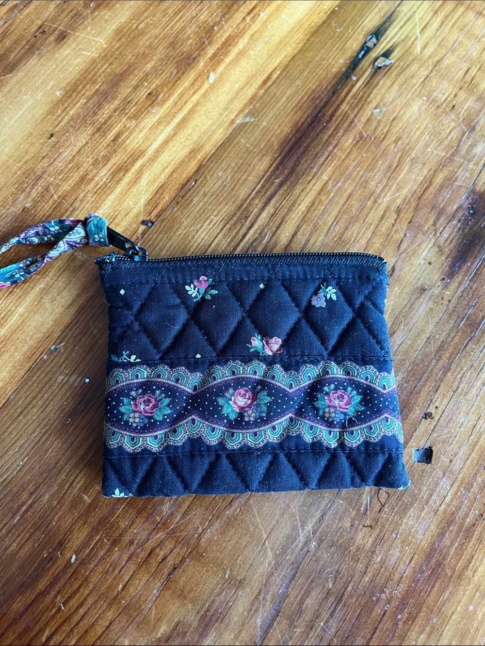 Vera Bradley Black Quilted Floral Wristlet Coin Pouch